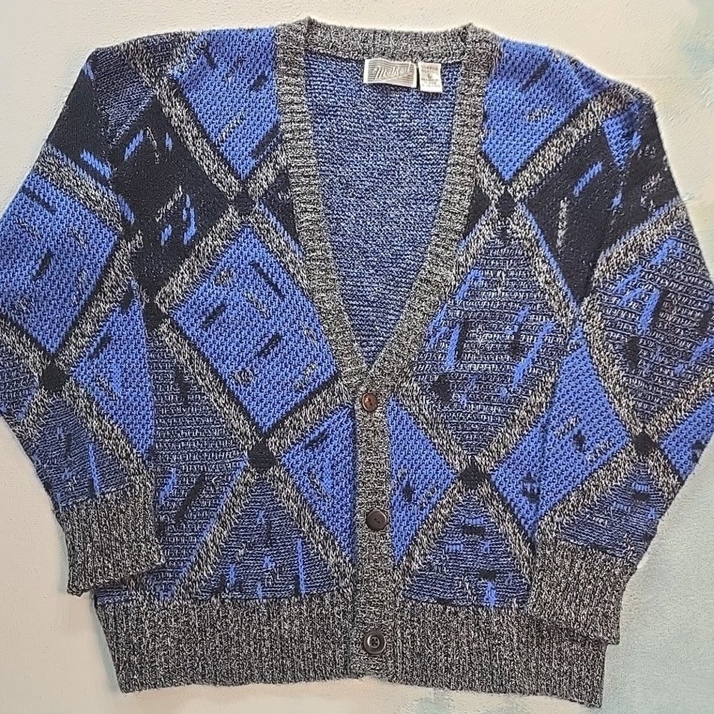 VTG Method‎ Mens L Cardigan Sweater Blue Black Geometric Argyle Wool Blend Knit